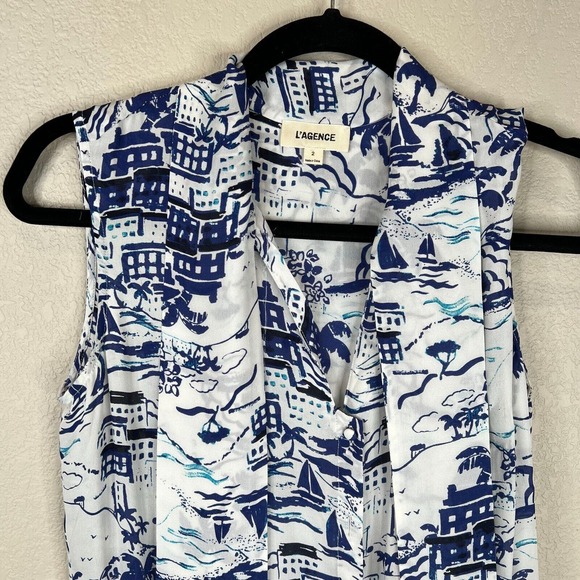 L'AGENCE Women's Behati Printed Silk Romper One Piece In White/Blue Size 2 - Picture 5 of 14